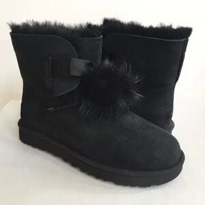 Ugg Gita Bow Mini size 10 Black Suede Women's Boots with Fur Trim and Pom Poms